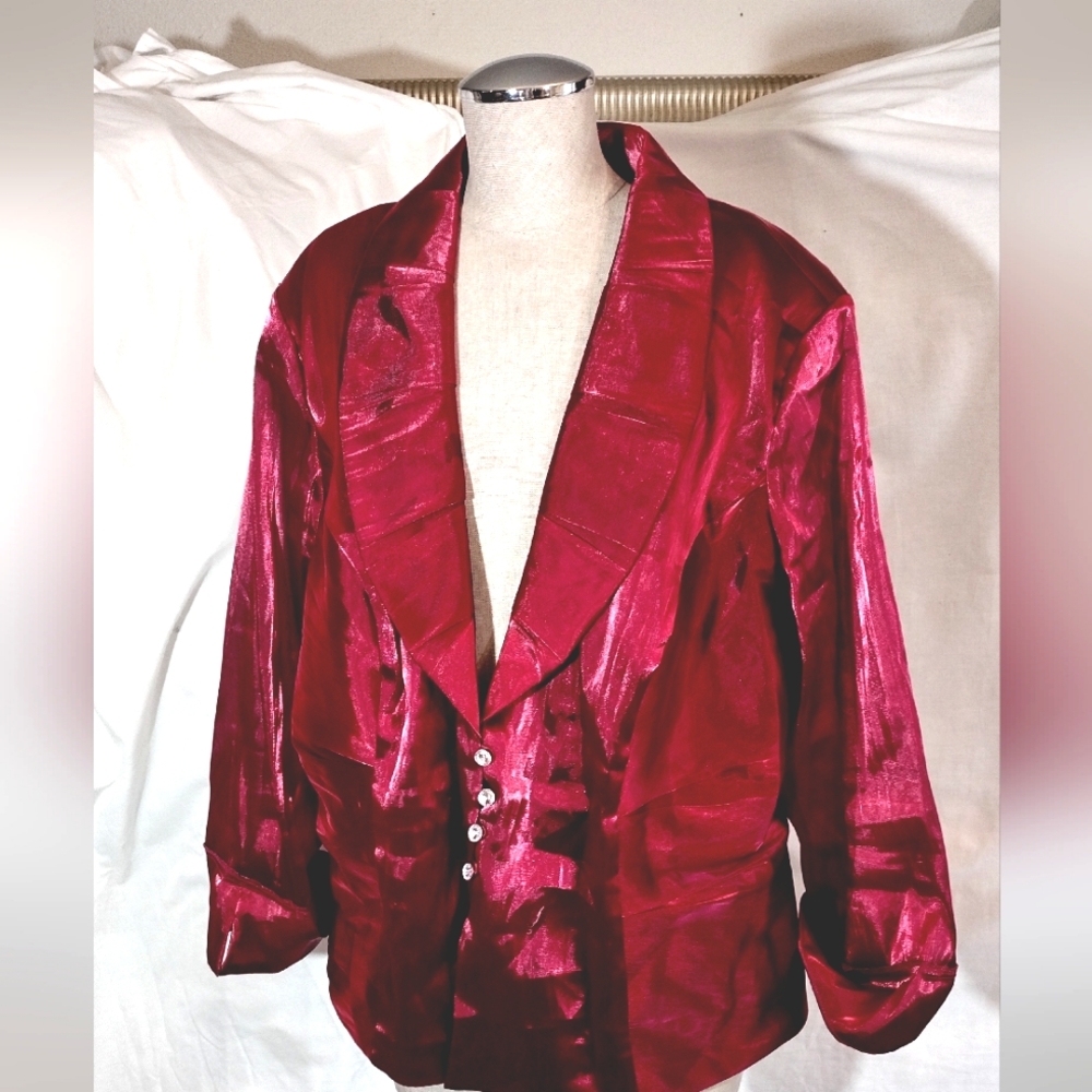Dressbarn satin red blazer, diatomonte Crystal buttons v-neck, spread color, 22W